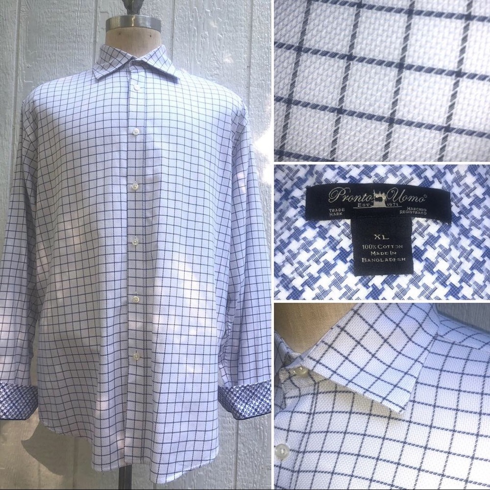 EUC PRONTO UOMO MENS XL GRID BUTTON-UP FLIP CUFF